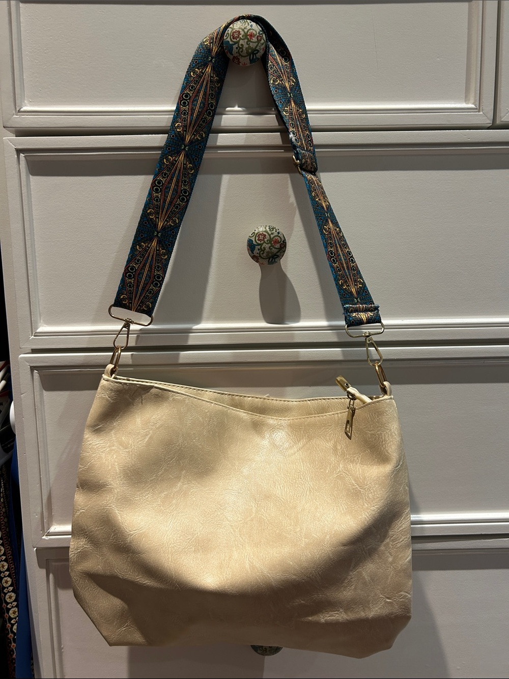 Neutral Cream Shoulder Bag with Patterned Adjustable Strap